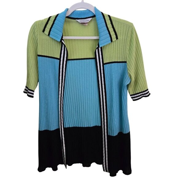 Misook Colorblock Striped Ribbed Open Front Cardigan Sweater Size L - Picture 1 of 5